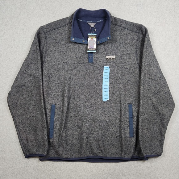 Eddie Bauer Sweater Men Large Gray Navy Blue Snap Fleece Pullover Retro Logo NEW - Picture 2 of 11